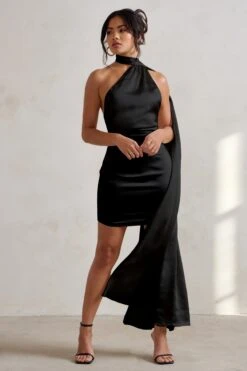 Nasira | Black Satin Asymmetric Scarf Neck Backless Mini Dress -ENY Clothing Shop WB HR CL127656 NasiraBlackAsymmetricNeckMiniDressWithScarfDetail0 01