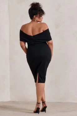 Alyssa | Black Bardot Bow Detail Midi Dress -ENY Clothing Shop WB HR CL127772 Alyssa BlackBardotBowDetailMidiDress4