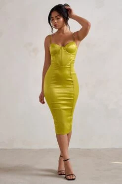 Camilla | Lime Satin Square Neck Corset Bodice Midi Dress -ENY Clothing Shop WB HR CL127799 CamillaLimeSatinSquareNeckCorsetBodiceMidiDress3