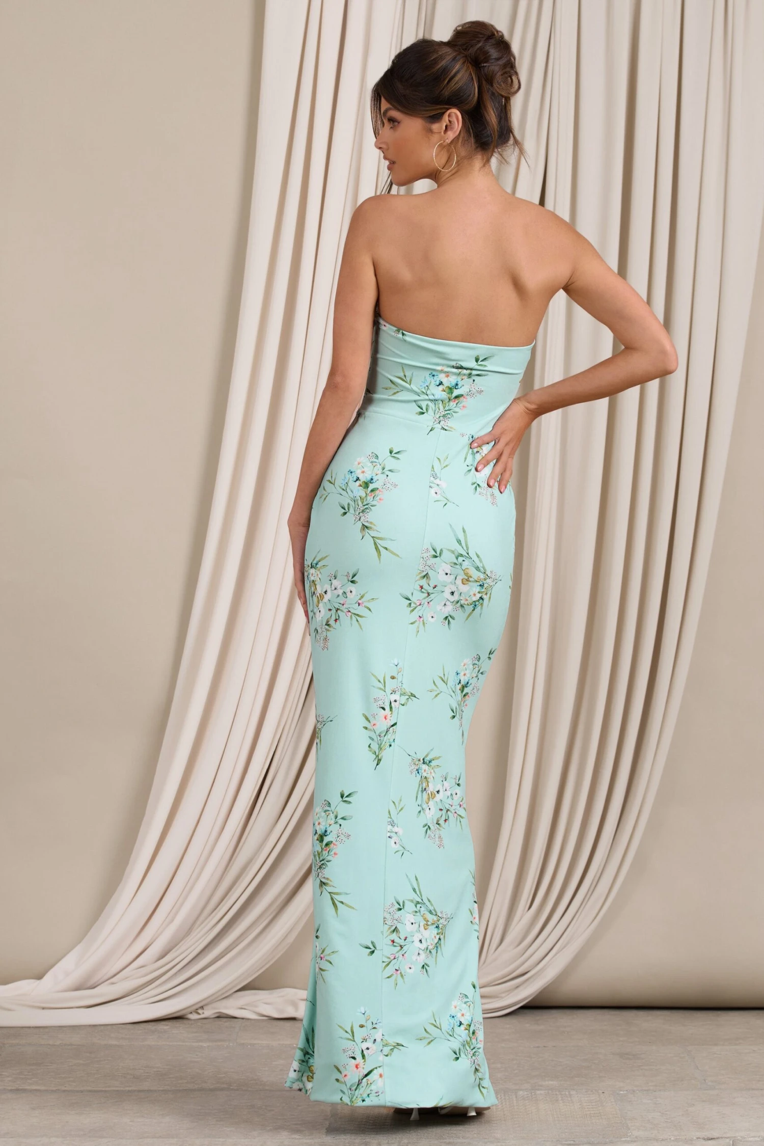Camila | Green Oriental Bandeau Maxi Dress With Split Hem 4 Camila | Green Oriental Bandeau Maxi Dress With Split Hem - Image 2