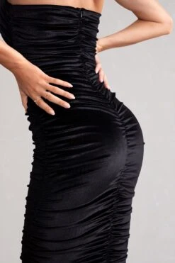 Hourglass | Black Velvet Halterneck Ruched Midi Dress -ENY Clothing Shop WB HR CL127909 HourglassBlackVelvetHalterneckRuchedMidiDress7