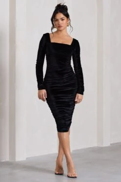 Seductress | Black Velvet Square Neck Bodycon Midi Dress With Long Sleeves -ENY Clothing Shop WB HR CL127976002 SeductressBlackVelvetSquareNeckBodyconMidiDressWithLongSleeves0