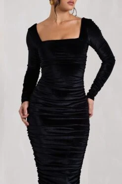 Seductress | Black Velvet Square Neck Bodycon Midi Dress With Long Sleeves -ENY Clothing Shop WB HR CL127976002 SeductressBlackVelvetSquareNeckBodyconMidiDressWithLongSleeves5