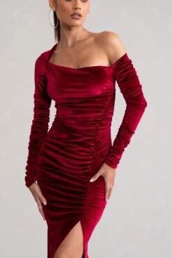 Agustina | Berry Velvet Asymmetric Neckline Midi Dress With Long Sleeves -ENY Clothing Shop WB HR CL127978 AgustinaBerryVelvetAsymmetricNecklineMidiDressWithLongSleeves3