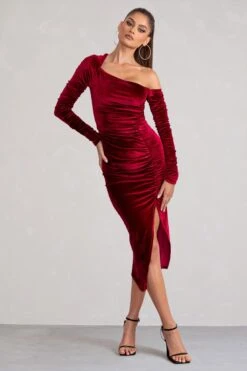 Agustina | Berry Velvet Asymmetric Neckline Midi Dress With Long Sleeves -ENY Clothing Shop WB HR CL127978 AgustinaBerryVelvetAsymmetricNecklineMidiDressWithLongSleeves4