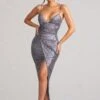 Kendall | Silver Sequin Plunge Neckline Ruched Maxi Dress With Wrap Detail