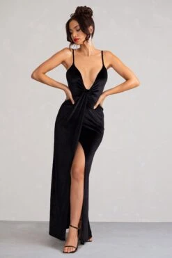 Miranda | Black Velvet Plunge Neck Twist Maxi Dress -ENY Clothing Shop WB HR CL128168 MirandaBlackVelvetPlungeNeckTwistMaxiDress4