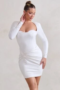 Corelle | White Long Sleeve Sweet Heart Twist Detail Mini Dress -ENY Clothing Shop WB HR CL128256 CorelleWhiteLongSleeveSweetHeartTwistDetailMiniDress1