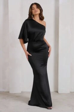 Sabrina | Black Asymmetric Off The Shoulder Satin Maxi Dress -ENY Clothing Shop WB HR CL128275 SabrinaBlackAsymmetricOffTheShoulderSatinMaxiDress12