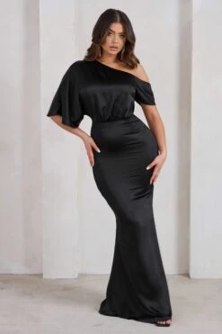 Sabrina | Black Asymmetric Off The Shoulder Satin Maxi Dress -ENY Clothing Shop WB HR CL128275 SabrinaBlackAsymmetricOffTheShoulderSatinMaxiDress22