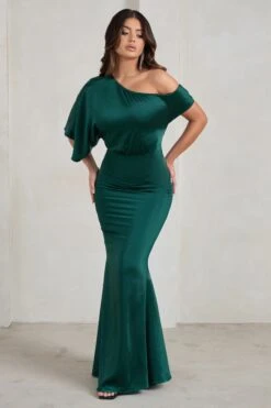 Sabrina | Bottle Green Asymmetric Off The Shoulder Satin Maxi Dress -ENY Clothing Shop WB HR CL128275 SabrinaBottleGreenAsymmetricOffTheShoulderSatinMaxiDress1 320c63cc 41fb 41d9 8c54 ef11cddeb834