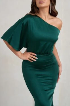 Sabrina | Bottle Green Asymmetric Off The Shoulder Satin Maxi Dress -ENY Clothing Shop WB HR CL128275 SabrinaBottleGreenAsymmetricOffTheShoulderSatinMaxiDress4 a2ac2747 8f78 4896 baed a20d0d3d1aaa