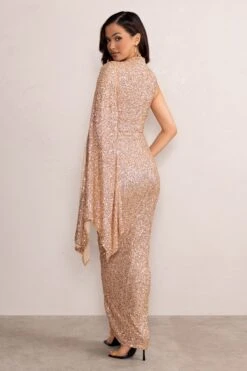 Marlo | Gold Sequin High Neck Maxi Dress With Cape Sleeve And Thigh Split 7 Marlo | Gold Sequin High Neck Maxi Dress With Cape Sleeve And Thigh Split -ENY Clothing Shop WB HR CL128276 MarloGoldSequinHighNeckMaxiDresswithCapeSleeveandThighSplit6
