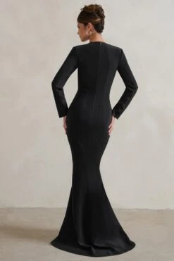 Reba | Black Plunge Long Sleeve Structured Maxi Dress With Front Split -ENY Clothing Shop WB HR CL128300 RebaBlackPlungeLongSleeveStructuredMaxiDresswithFrontSplit4