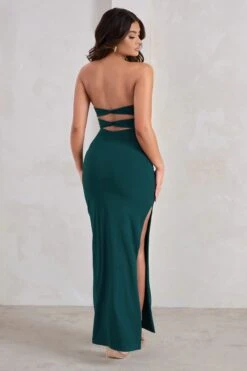 Manon | Bottle Green Sweetheart Bandeau Maxi Dress With Thigh Split -ENY Clothing Shop WB HR CL128389 ManonGreenSweetheartBandeauMaxiDressWithThighSplit5 11592fb7 a926 4928 bace 716eec05d0aa