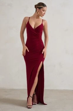 Jeanne | Berry Red Plunge Ruched Cami Maxi Dress With Split -ENY Clothing Shop WB HR CL128392 JeanneBerryRedPlungeRuchedCamiMaxiDressWithSplit1 01