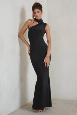 Capucine | Black Asymmetric Draped Maxi Dress