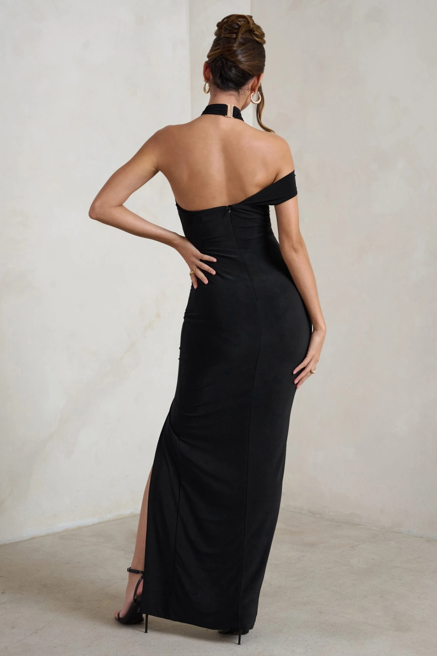 Clementine | Black Asymmetric Neckline Maxi Dress With Thigh Split 4 Clementine | Black Asymmetric Neckline Maxi Dress With Thigh Split - Image 2