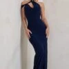Clementine | Navy Asymmetric Neckline Maxi Dress With Thigh Split