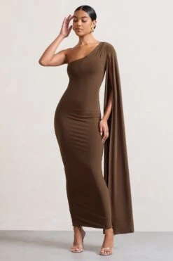 Dominique | Chocolate Brown One Shoulder Cape Sleeve Bodycon Maxi Dress -ENY Clothing Shop WB HR CL128400067 Dominique ChocolateOneShoulderCapeSleeveBodyconMaxiDress2