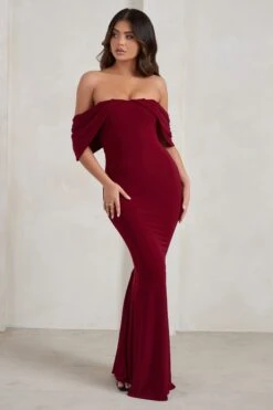 Gabrielle | Berry Red Bardot Neckline With Drape Sleeves Maxi Dress -ENY Clothing Shop WB HR CL128402 GabrielleBerryRedBardotNecklineWithDrapeSleevesMaxiDress1 4d5e5b10 3dbb 4965 8b16 87a0fb76a743