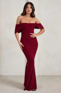 Gabrielle | Berry Red Bardot Neckline With Drape Sleeves Maxi Dress -ENY Clothing Shop WB HR CL128402 GabrielleBerryRedBardotNecklineWithDrapeSleevesMaxiDress2 a5967abb ec48 4133 beaf 194cfe32ccc3