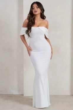 Gabrielle | White Bardot Neckline With Drape Sleeves Maxi Dress -ENY Clothing Shop WB HR CL128402 GabrielleWhiteBardotNecklineWithDrapeSleevesMaxiDress0