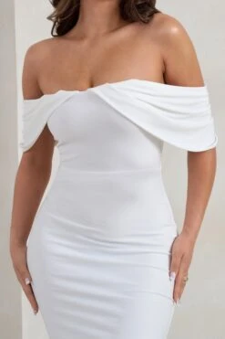 Gabrielle | White Bardot Neckline With Drape Sleeves Maxi Dress -ENY Clothing Shop WB HR CL128402 GabrielleWhiteBardotNecklineWithDrapeSleevesMaxiDress3 aeb879af d899 4153 bcf2 70ba2c6aace4