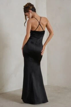 Ami | Black Satin Plunge Fishtail Maxi Dress -ENY Clothing Shop WB HR CL128405 AmiBlackSatinPlungeFishtailMaxiDress5