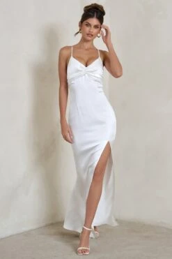 Ami | White Satin Plunge Fishtail Maxi Dress -ENY Clothing Shop WB HR CL128405 AmiWhiteSatinPlungeFishtailMaxiDress3