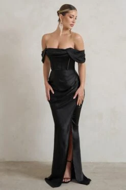 Kimberly | Black Bardot Fishtail Satin Maxi Dress -ENY Clothing Shop WB HR CL128406 KimberlyBlackBardotFishtailSatinMaxiDress3 ed1446a1 560e 49a7 9b6c a4061636e268