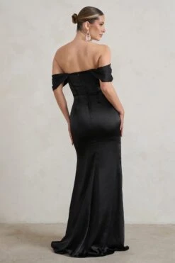 Kimberly | Black Bardot Fishtail Satin Maxi Dress -ENY Clothing Shop WB HR CL128406 KimberlyBlackBardotFishtailSatinMaxiDress5 15572fb7 938b 4067 8f7a dd3d972fbb98