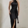 Tattianna | Black Asymmetric Tie Detail High Neck Satin Maxi Dress -ENY Clothing Shop WB HR CL128412 TattiannaBlackAsymmetricTieDetailHighNeckSatinMaxiDress0