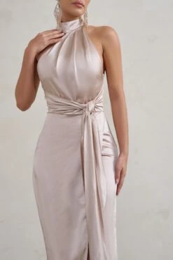 Tattianna | Champagne Asymmetric Tie Detail High Neck Satin Maxi Dress -ENY Clothing Shop WB HR CL128412 TattiannaChampagneAsymmetricTieDetailHighNeckSatinMaxiDress4
