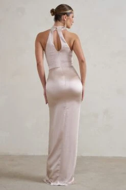 ENY Clothing Shop -ENY Clothing Shop WB HR CL128412 TattiannaChampagneAsymmetricTieDetailHighNeckSatinMaxiDress5