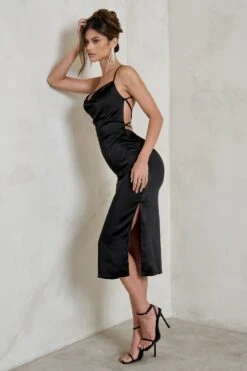 Aja | Black Cowl Cami Midi Dress With Waist Tie -ENY Clothing Shop WB HR CL128415 AjaBlackCowlCamiMidiDressWithWaistTie3