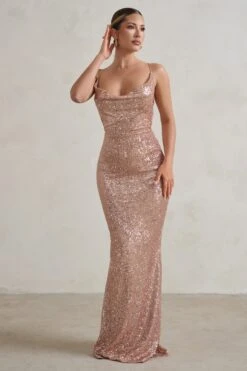 Seeing Stars | Champagne Cowl Cami Sequin Maxi Dress With Waist Tie -ENY Clothing Shop WB HR CL128416 SeeingStarsChampagneCowlCamiSequinMaxiDressWithWaistTie1