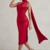 Madame | Berry Red Satin Asymmetric Scarf Neck Backless Midi Dress -ENY Clothing Shop WB HR CL128417 MadameBerryRedSatinAsymmetricScarfNeckBacklessMidiDress0