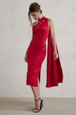 Madame | Berry Red Satin Asymmetric Scarf Neck Backless Midi Dress -ENY Clothing Shop WB HR CL128417 MadameBerryRedSatinAsymmetricScarfNeckBacklessMidiDress1