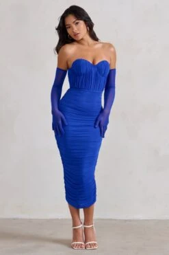 Deema | Cobalt Blue Cupped Midi Dress With Mesh Overlay -ENY Clothing Shop WB HR CL128420 DeemaCobaltBlueCuppedMidiDressWithMeshOverlayAndGloves0