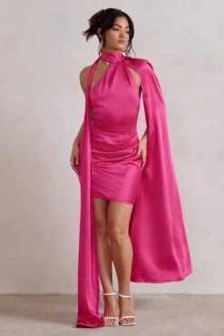 Laurelie | Hot Pink Satin Statement Cape Design Mini Dress -ENY Clothing Shop WB HR CL128424 LaurelieHotPinkSatinStatementCapeDesignMiniDress1
