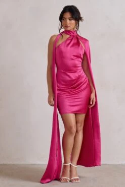 Laurelie | Hot Pink Satin Statement Cape Design Mini Dress -ENY Clothing Shop WB HR CL128424 LaurelieHotPinkSatinStatementCapeDesignMiniDress2