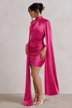 Laurelie | Hot Pink Satin Statement Cape Design Mini Dress -ENY Clothing Shop WB HR CL128424 LaurelieHotPinkSatinStatementCapeDesignMiniDress3