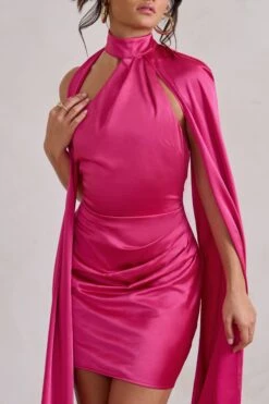 Laurelie | Hot Pink Satin Statement Cape Design Mini Dress -ENY Clothing Shop WB HR CL128424 LaurelieHotPinkSatinStatementCapeDesignMiniDress4