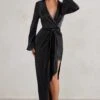 Patricia | Black Extreme Plunge Long Sleeve Maxi Dress With Tie Detail