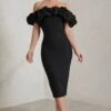 Estie | Black Structured Statement Bardot Midi Dress -ENY Clothing Shop WB HR CL128434 EstieBlackStructuredStatementBardotMidiDress0