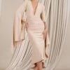 Calla | Champagne Ruched Long-Sleeved Flared Midi Dress -ENY Clothing Shop WB HR CL128441059 Calla ChampagneRuchedLong SleevedFlaredMidiDress0