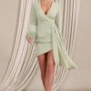 Mae | Mint Wrap Mini Dress With Drape And Feather Cuffs -ENY Clothing Shop WB HR CL128456003 MaeMintWrapMiniDressWithDrapeAndFeatherCuffs3