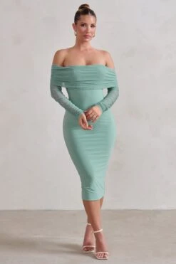 Only You | Sage Ruched Mesh Bardot Midi Dress -ENY Clothing Shop WB HR CL1284595 OnlyYouSageRuchedMeshBardotMidiDress1