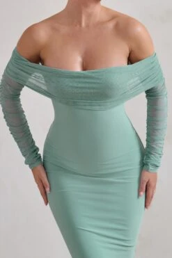 Only You | Sage Ruched Mesh Bardot Midi Dress -ENY Clothing Shop WB HR CL1284595 OnlyYouSageRuchedMeshBardotMidiDress3